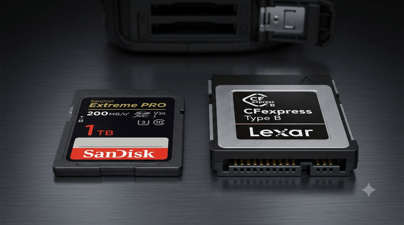Side by side comparison of SanDisk SD card and Lexar CFexpress Type B card