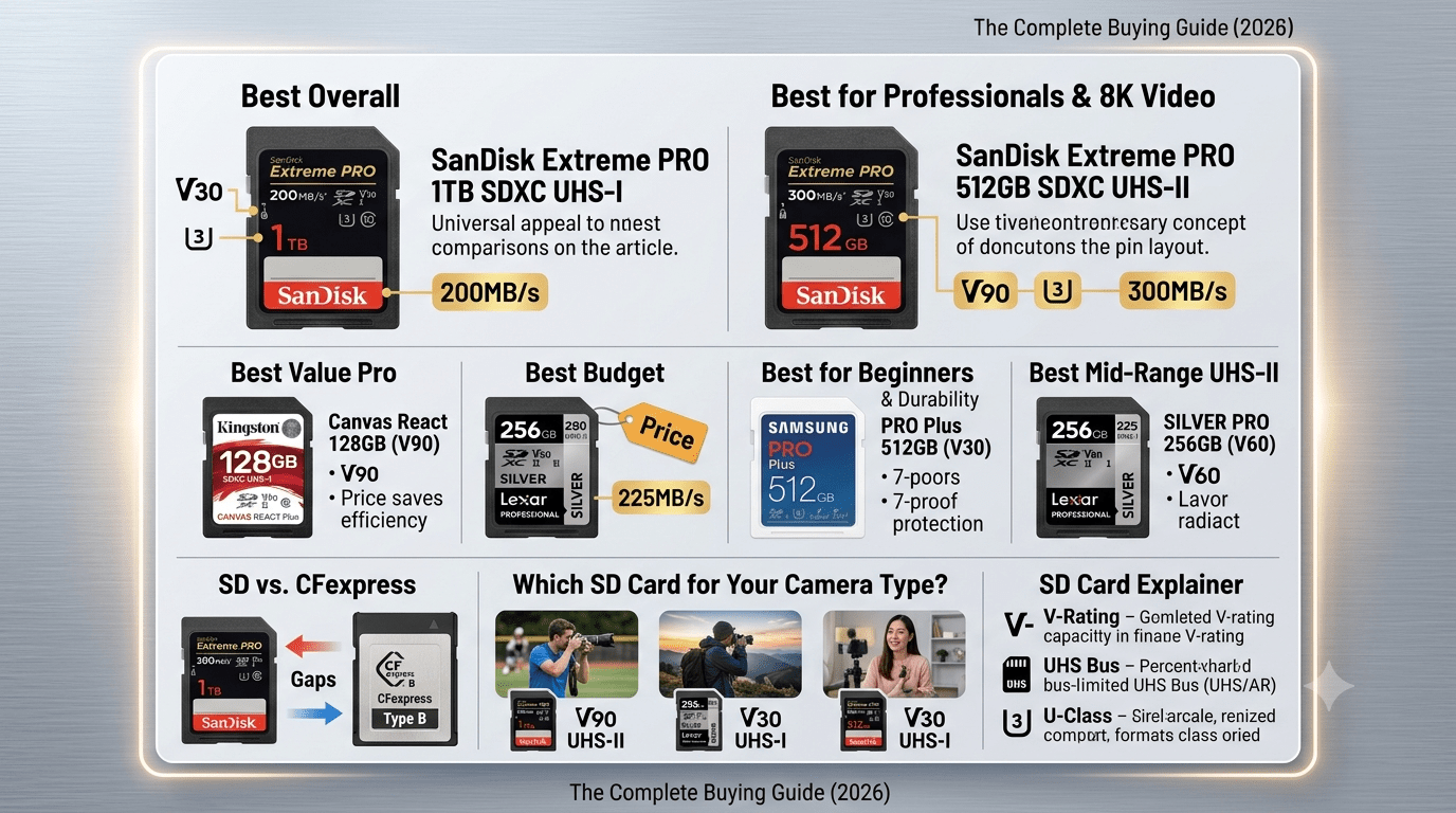 Visual buying guide infographic highlighting top SD cards for cameras