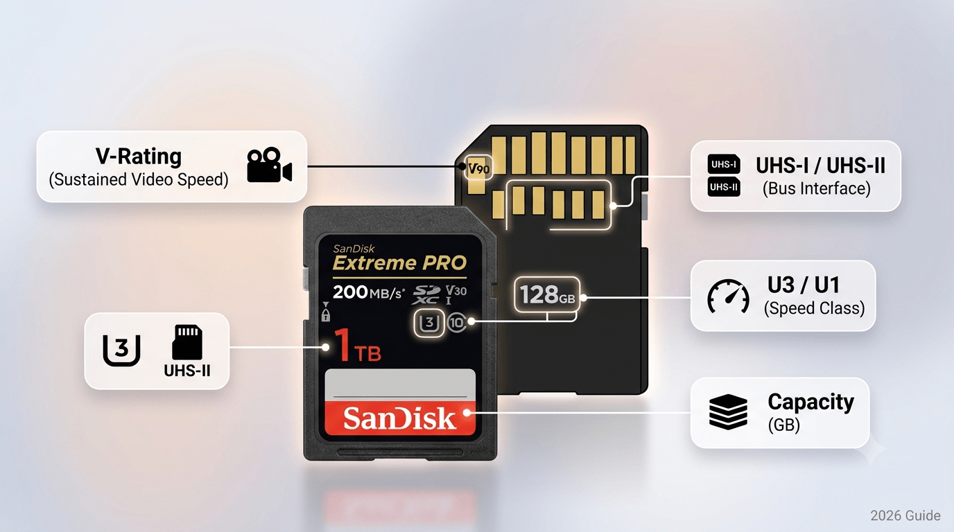SD card speed class diagram showing V-rating, UHS bus interface, and capacity